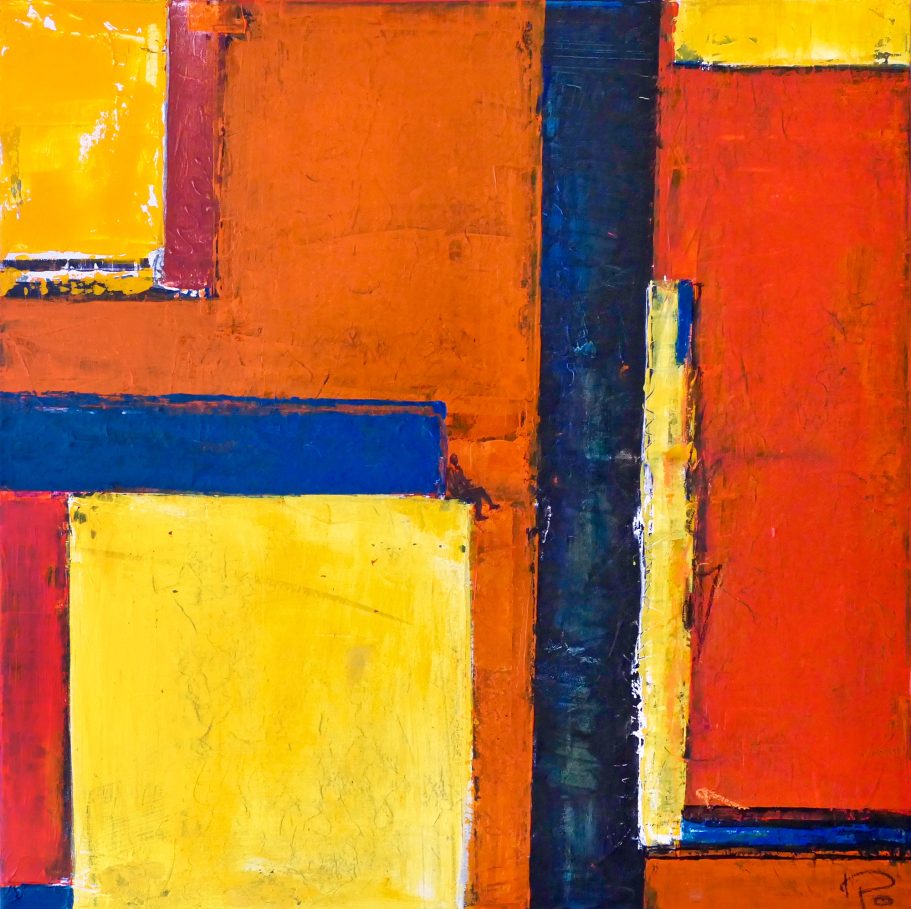 Flächenmalerei 1 | 80x80cm Abstrakte Komposition aus roten, gelben und blauen Farbfeldern.