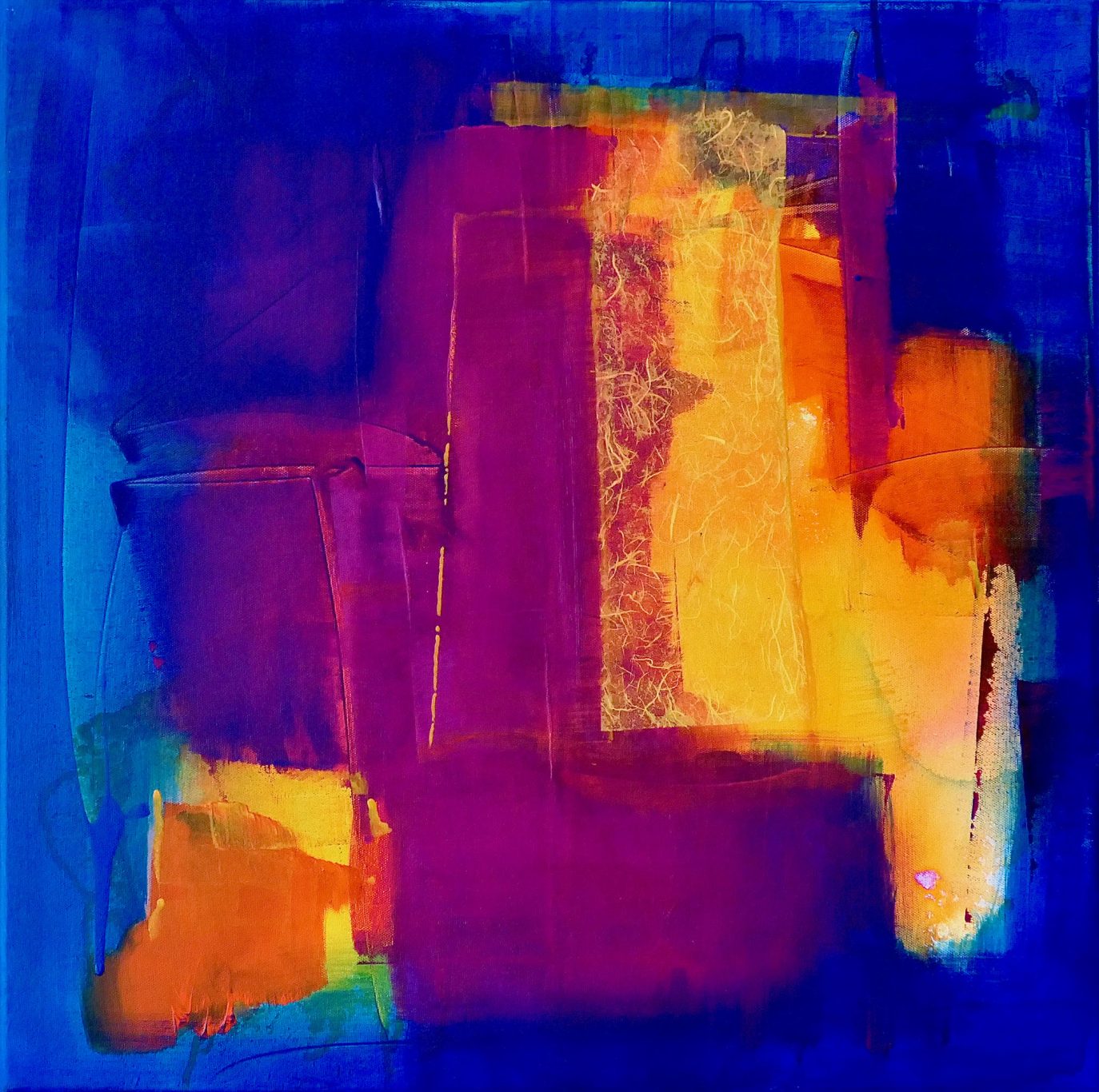 Acrylic Ink 1 Abstrakte Komposition mit leuchtenden Farben in Blau, Orange und Violett.