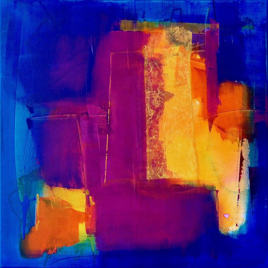 Abstrakte Farbkomposition in Blau, Orange und Lila mit hellen und dunklen Bereichen.