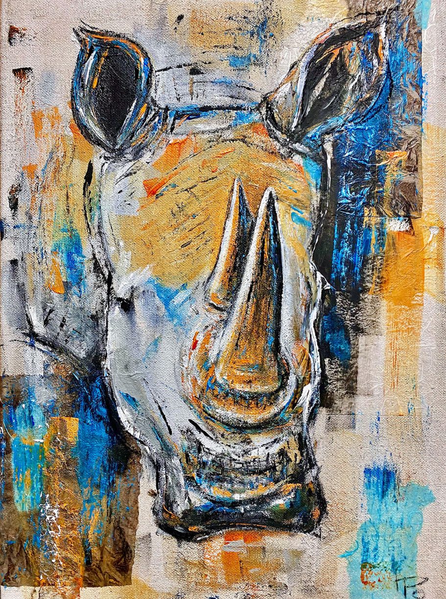 Breitmaulnashorn | 50x70cm| Stilisierte Darstellung eines Nashorns mit kräftigen Farben und abstrahierter Textur.