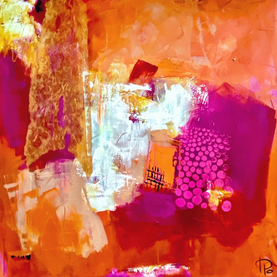 Heike Ponge Art | abstrakte Acryl-Collage | 80x80cm Abstraktes Kunstwerk in Orange- und Lilatönen mit dynamischen Texturen und Formen.