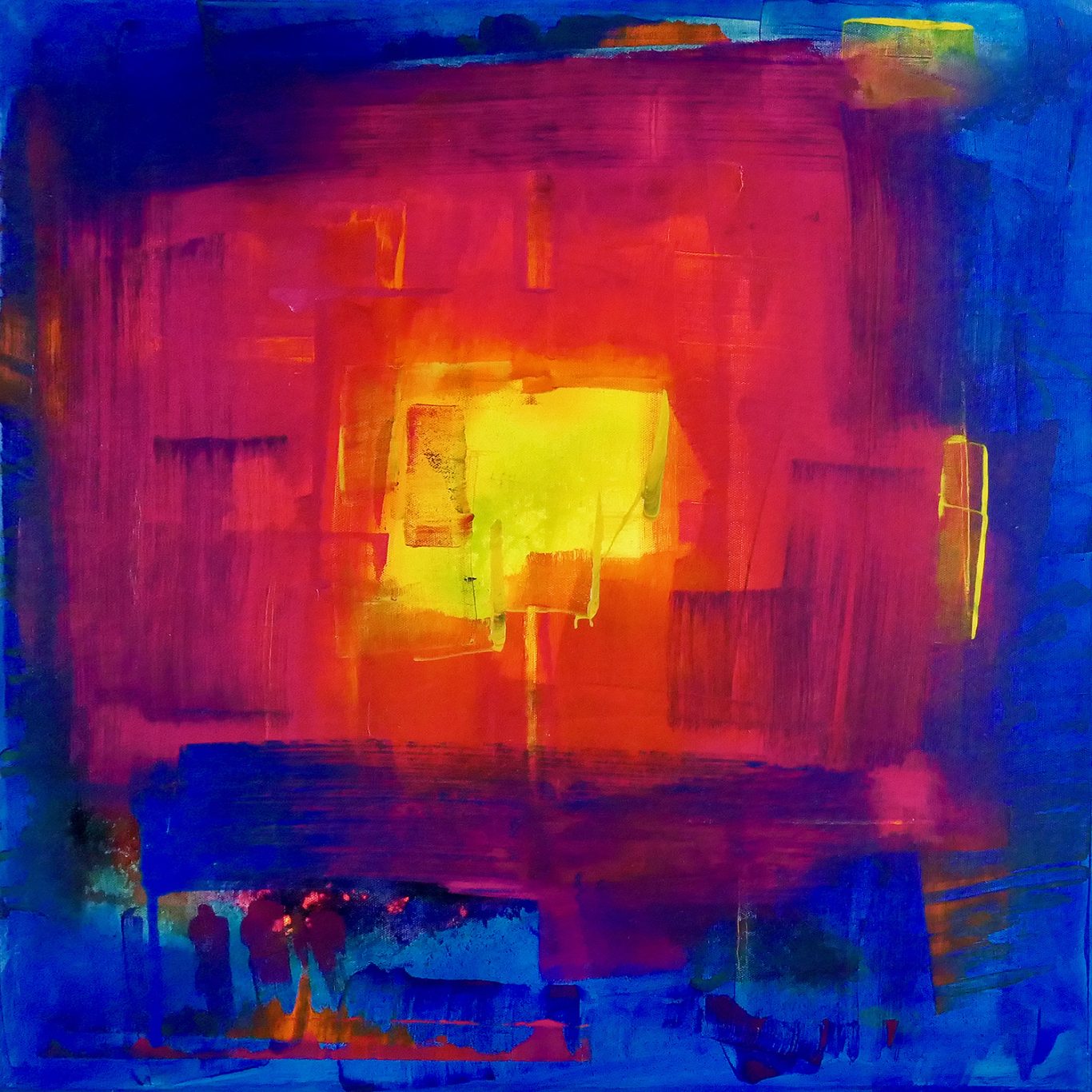 Acrylic Ink 3 Abstrakte Malerei in leuchtenden Farben, hauptsächlich Rot, Gelb und Blau.