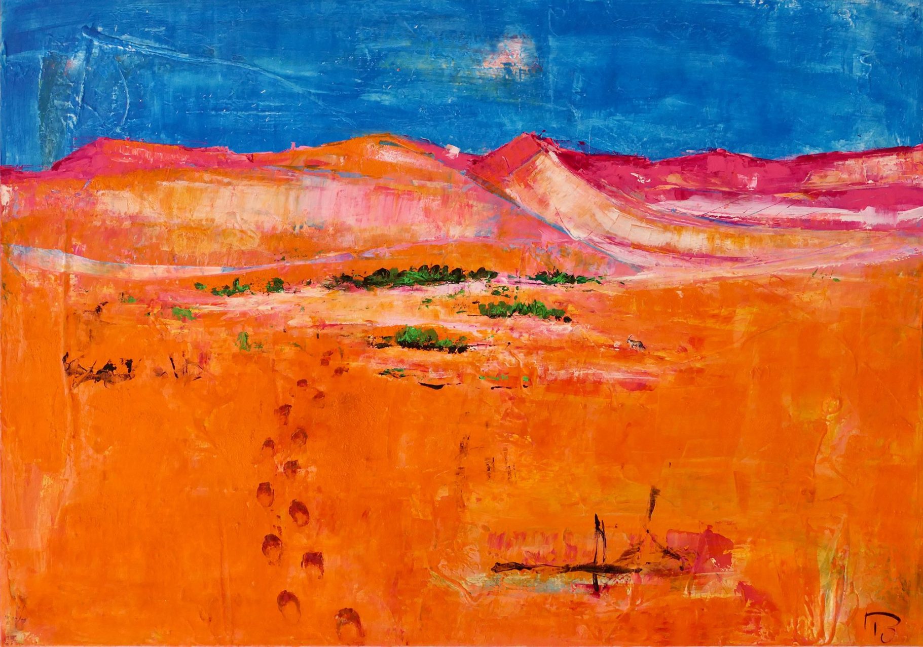 Abstrakte Landschaft mit orangefarbenem Sand, Hügeln und einem blauen Himmel.