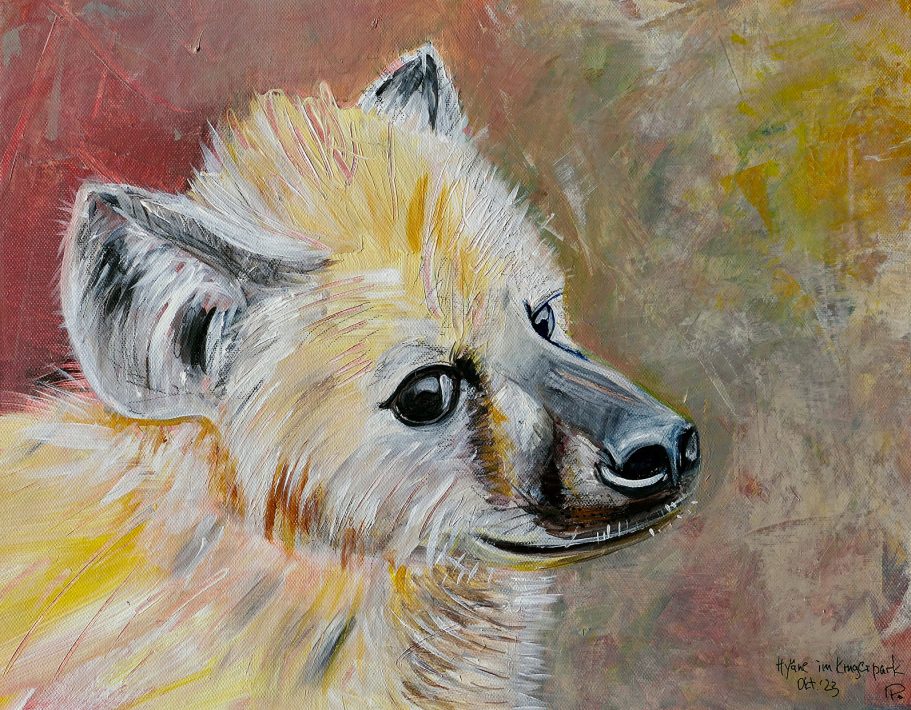 Kopf einer jungen Hyäne im Krugerpark | 45x36cm Porträt eines Hyänenkopfes auf buntem Hintergrund, mit detaillierter Fellzeichnung.
