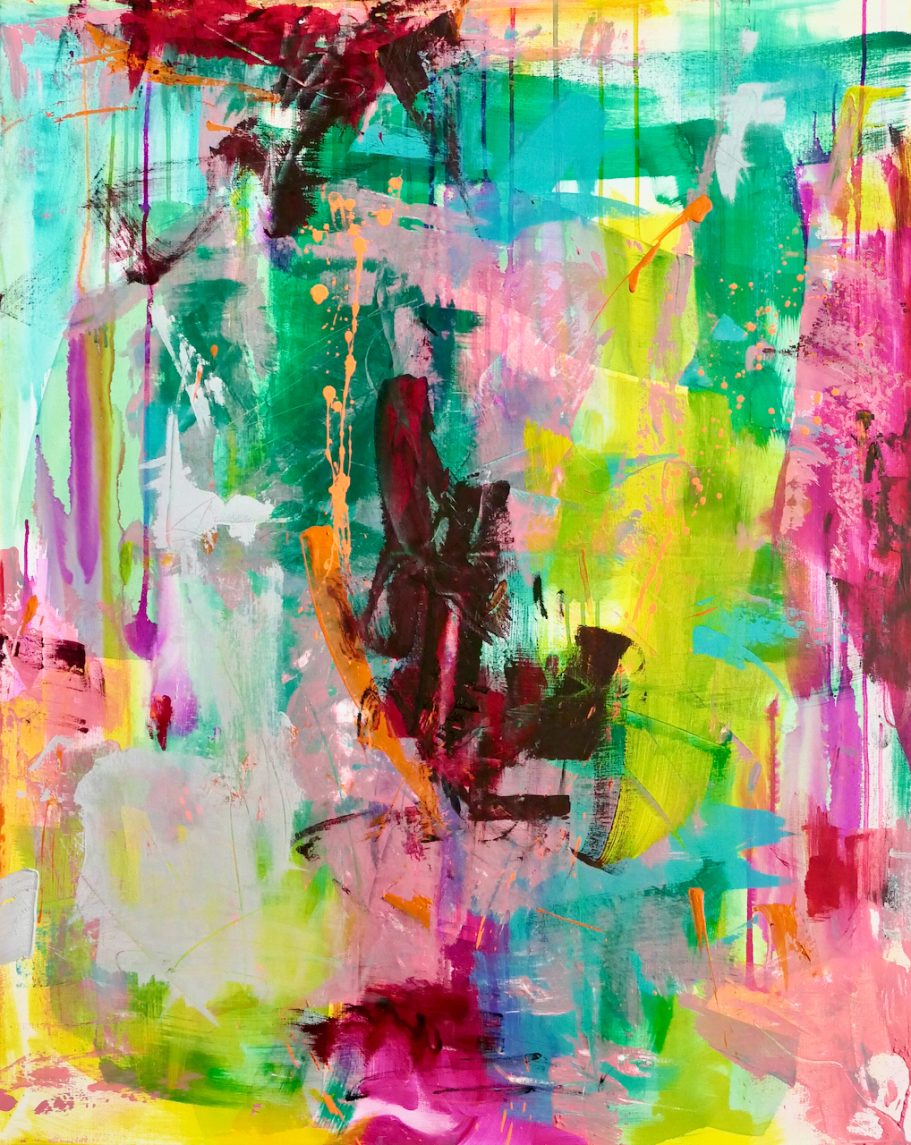 Bunte abstrakte Malerei mit kräftigen Farben und dynamischen Pinselstrichen.