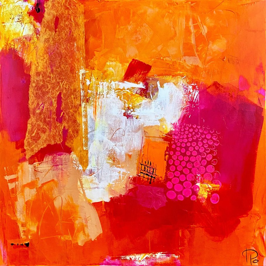 Abstrakte Kunst mit kräftigen orange, lila und weißen Farbtönen sowie verschiedenen Texturen.