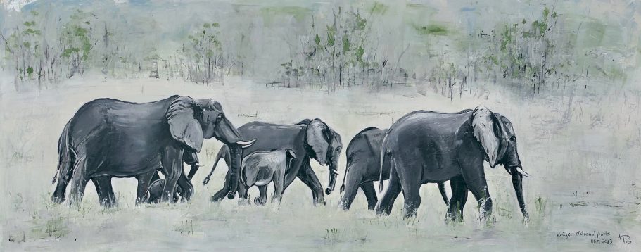 Elefantenfamilie im Krugerpark | 150x60x5cm | "unverkäuflich* Fünf Elefanten wandern durch eine trockene, grasbewachsene Landschaft.