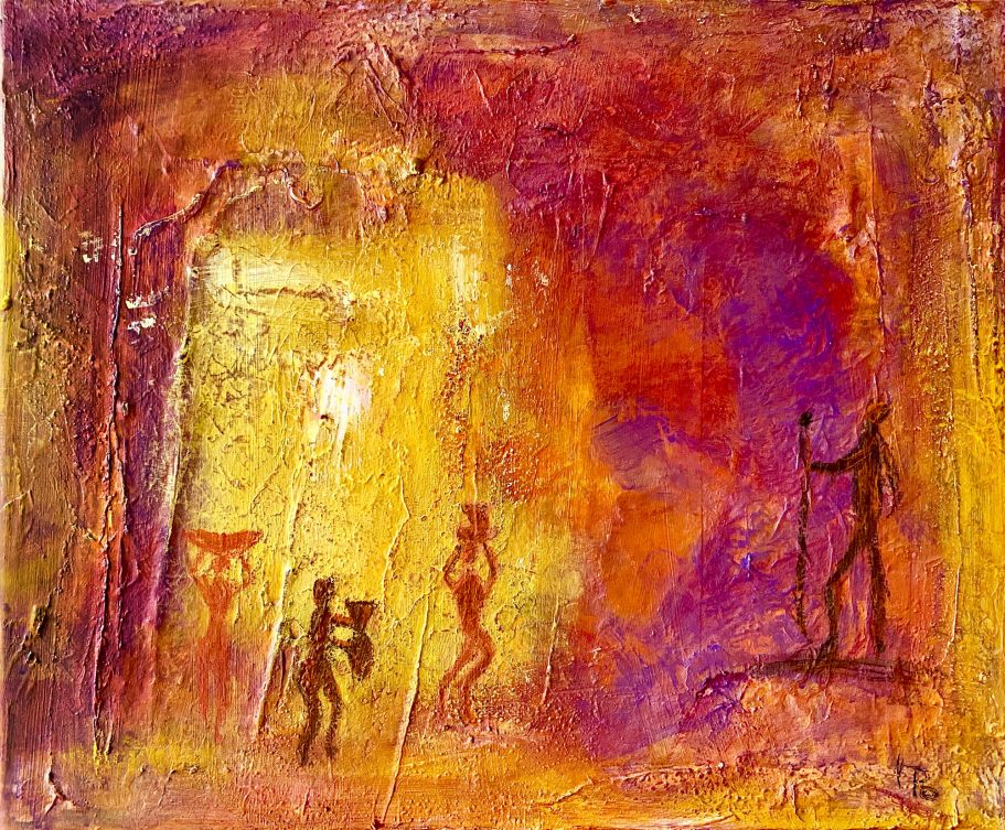 Felsmalerei 1 | 60x50cm Abstracte Darstellung menschlicher Figuren in lebhaften Farben und Lichtspielen.